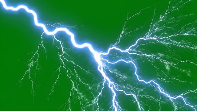 Electrifying Lightning Arc on Chroma Key Background - A digital representation of a bright, electric lightning arc branching out dynamically across a vibrant green chroma key backdrop.