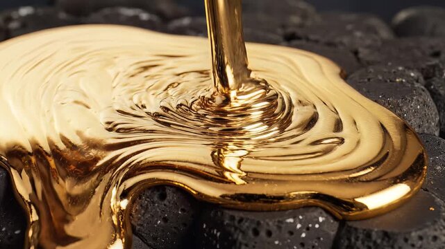 Molten gold liquid pouring over dark textured surface close up.