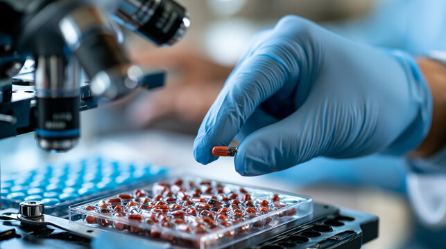 Gloved hands placing tiny medicine capsules into a sample tray for laboratory quality inspection, selective focus, clean white background, pharmaceutical quality control, drug testing,