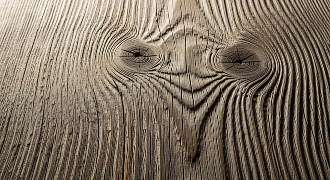 Close-up of a weathered wood grain with a prominent knot resembling a face.