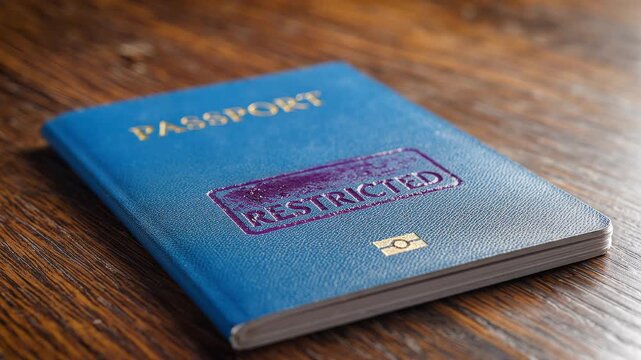 Passport stamped with restricted symbol on wooden table.