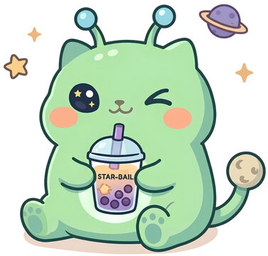 Cute Alien Drinking Bubble Tea