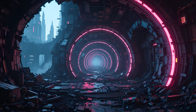 Abandoned futuristic tunnel with neon pink lights and cityscape in background through destroyed entrance