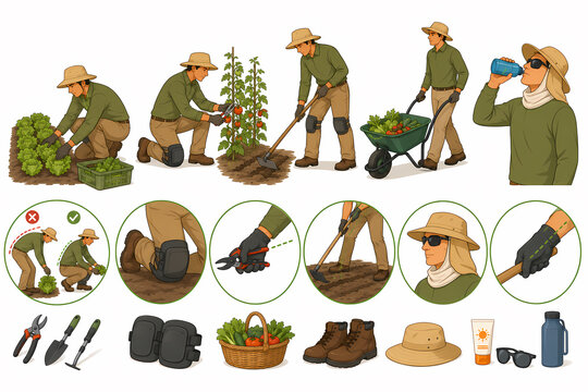 Agriculture farmer ergonomic harvesting illustration