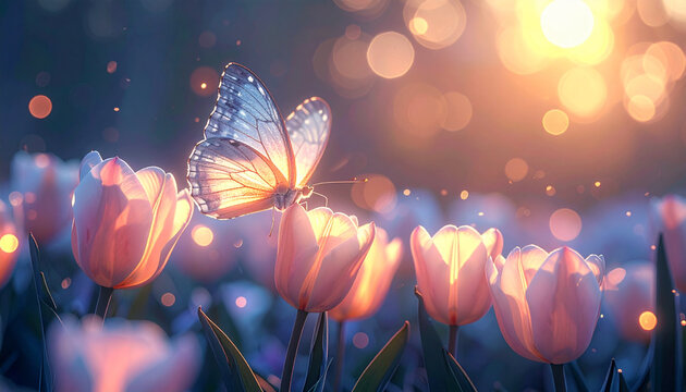 Butterfly on tulip flowers