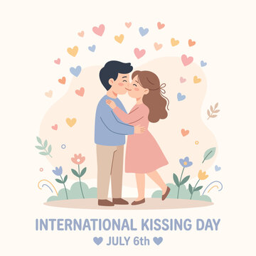 International Kissing Day is celebrated on July 6th with a loving couple embraced under a shower of hearts and flowers, symbolizing romance and affection
