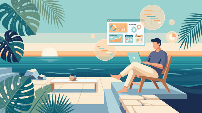 A person enjoys a tropical vacation while managing work tasks on a laptop, aided by an AI assistant interface displaying charts and calendars