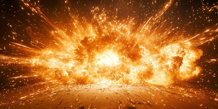 Ultra realistic cinematic explosion burst in deep space, massive fiery blast with glowing orange and yellow flames, dense smoke clouds, flying sparks and debris trails, dynamic shockwave energy