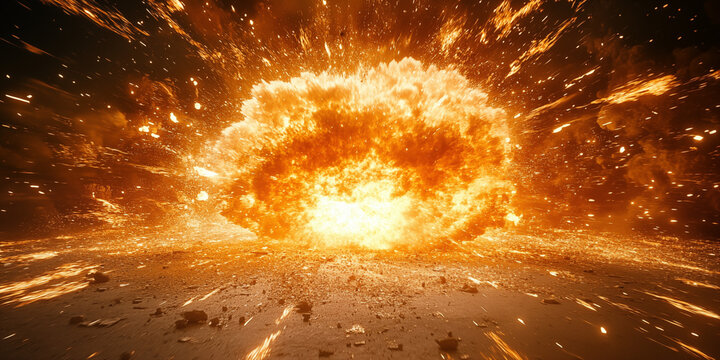 Ultra realistic cinematic explosion burst in deep space, massive fiery blast with glowing orange and yellow flames, dense smoke clouds, flying sparks and debris trails, dynamic shockwave energy