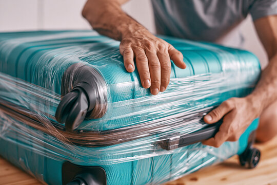 Close-up of a man's hands carefully wrapping a turquoise hard-shell suitcase with protective plastic film to ensure security and prevent damage during travel and airport baggage transit.