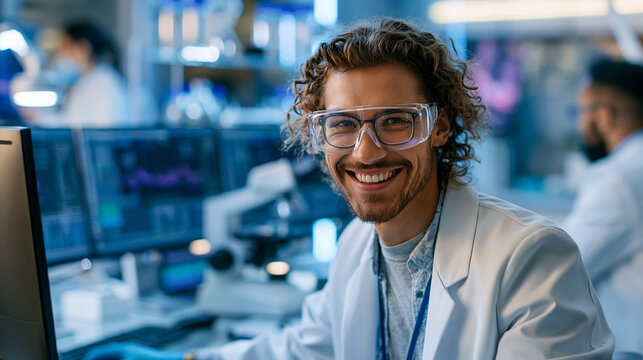 Smiling scientist in safety goggles standing beside a computer in a modern laboratory, clean instruments and data screens behind, professional research portrait, medical scientist,