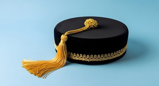 Black doctoral tam with gold tassel on blue background