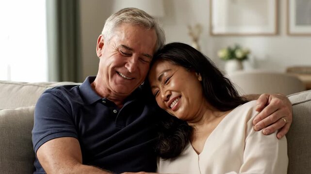 A close-up shows an older couple happily embracing, eyes closed, on a sofa. One is wearing a polo, the other a white top