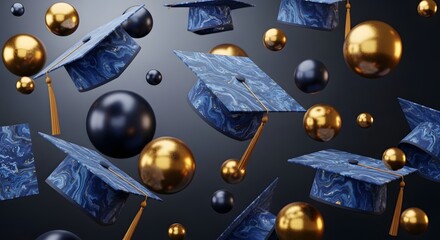 3d render of graduation caps with blue marble texture and golden spheres floating on a dark background