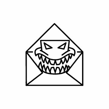 Menacing monster face with sharp teeth emerging from an email envelope. Icon symbolizing dangerous digital threat, malware, phishing, and cybersecurity risks in unsolicited messages
