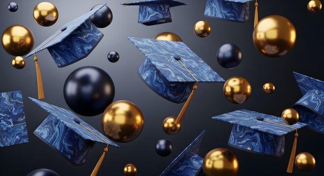 3d render of graduation caps with blue marble texture and golden spheres floating on a dark background