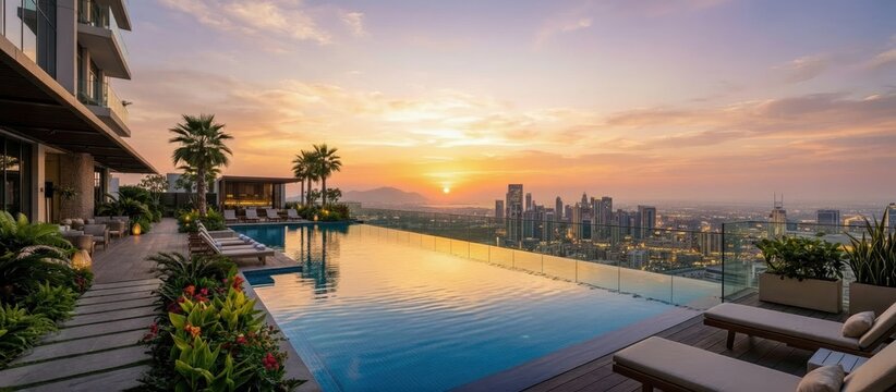 Luxury Rooftop Infinity Pool with Tropical Sunset Ambience