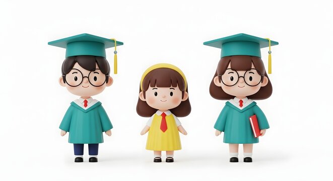 3d cartoon students in graduation caps isolated on white background