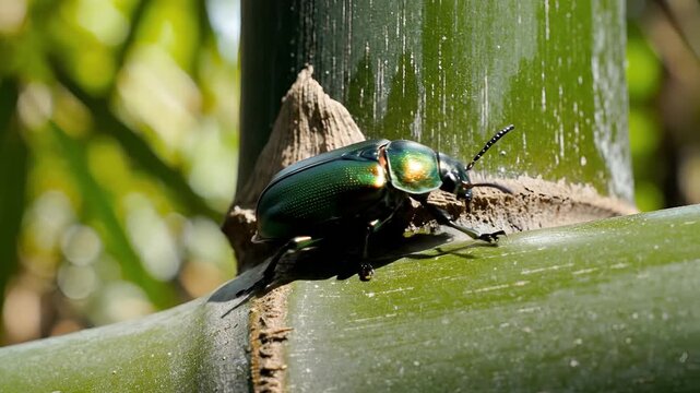 Closeup of a metallic green beetle on a bamboo stalk.