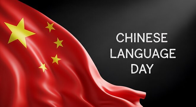 Chinese language day celebration with waving national flag on black background