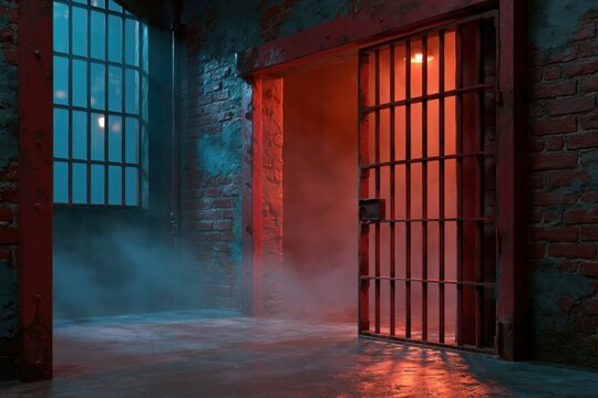 Prison cell with open barred door and red foggy interior light