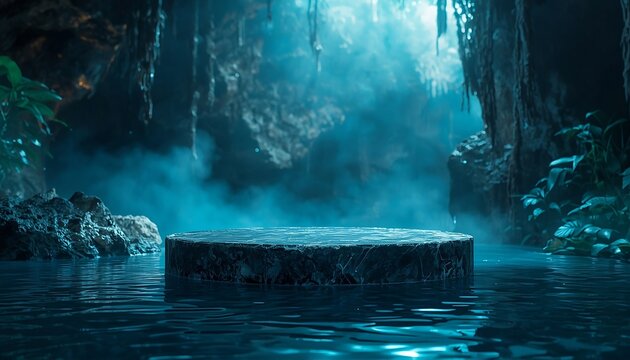Volcanic stone podium inside a misty tropical cave with blue ambient light