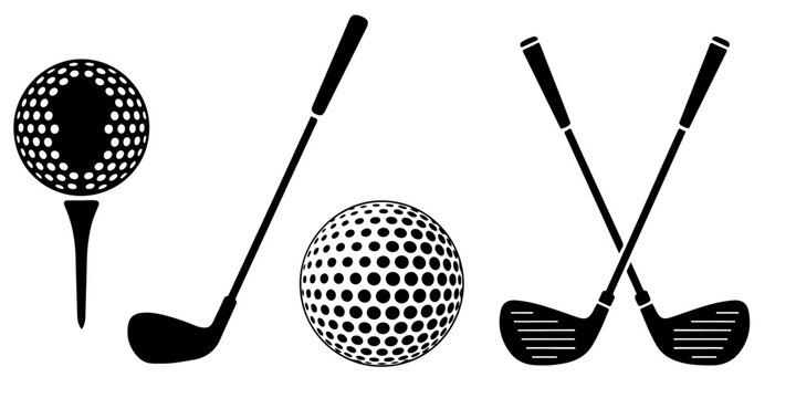 Golf equipment collection featuring golf balls, golf tee and golf clubs isolated on light background, sporting accessories vector illustration set