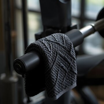 Black textured gym towel hanging on exercise machine handle in dimly lit athletic center for hygiene.