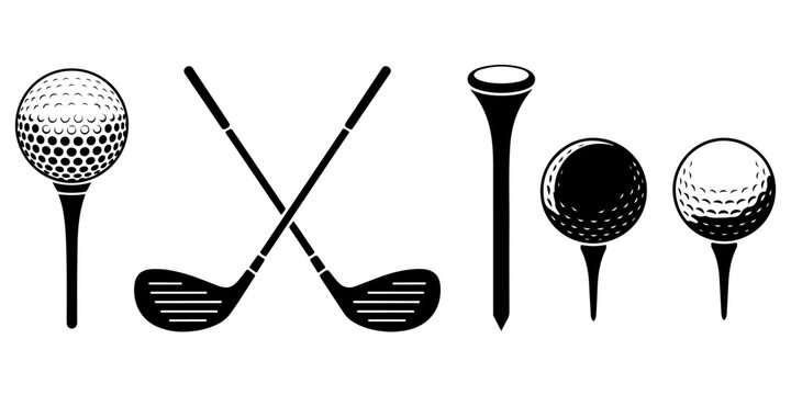 Golf equipment collection featuring golf balls, golf tee and golf clubs isolated on light background, sporting accessories vector illustration set