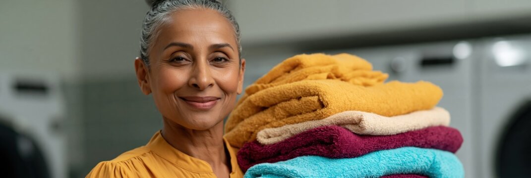 Older woman holding large stack of colorful towels in laundry room