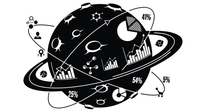 A black silhouette of a planet encircled by data and business graphics