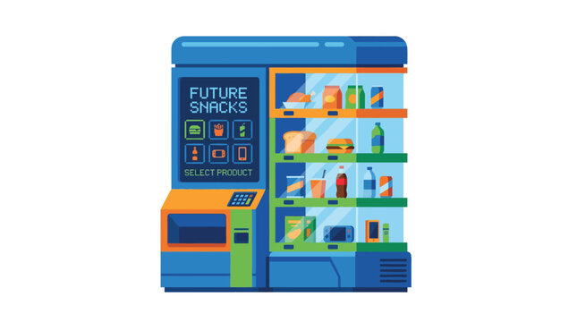 Modern futuristic vending machine filled with a variety of snacks and drinks featuring a digital display showing 'future snacks' and product icons set against a clean white