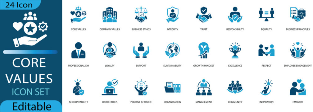 Core values and business ethics icon set. Flat vector illustrations representing integrity, trust, teamwork, professionalism, and company culture for corporate branding.