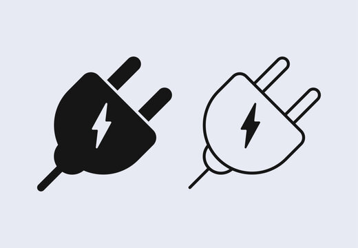 Flat vector illustration of a plug adapter icons linear and solid set in a simple minimal UI style. Electrical power