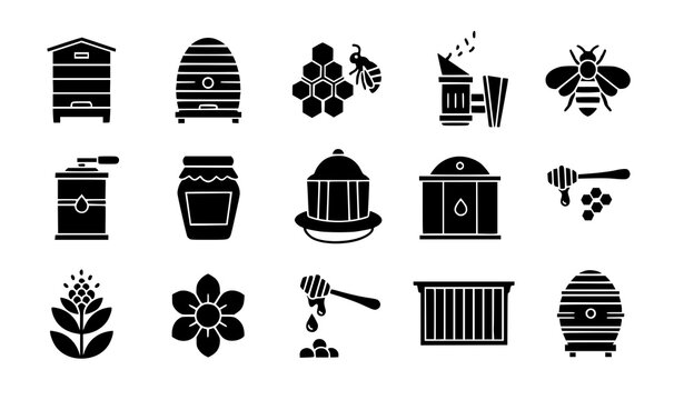 Black Beekeeping and Honey Production Glyph Icon Set with Beehive Honeycomb and Apiary Equipment