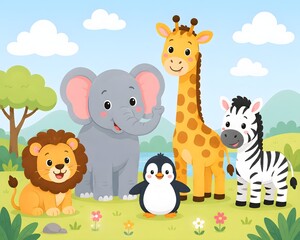 Naklejka premium Preschool Artwork for Kids Learning Illustration of African Safari Animals