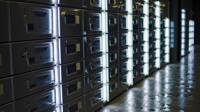 Metallic storage lockers with illuminated edges line the wall in a dimly lit room, showcasing a modern design and organized structure for secure storage solutions