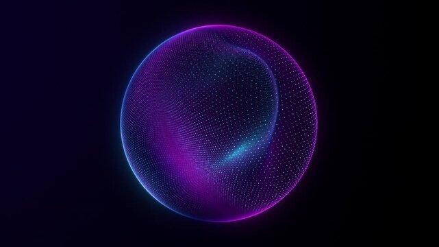 Graphic neon mesh sphere. Blue and pink liquid 3D sphere dark background. Modern transparent liquid digital sphere fluorescent glow. Blue looping sphere for website or app