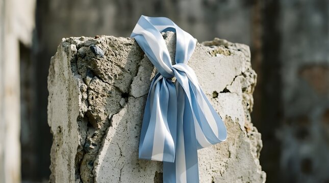 Blue and White Silk Ribbon Tied Around Broken Concrete Pillar Structure, Symbolic Ribbon of Flag in Destroyed Ruins Landscape
