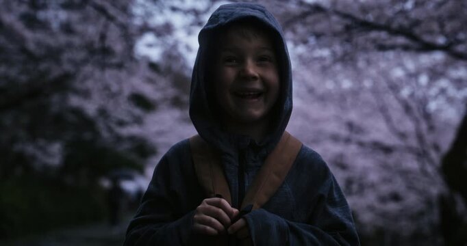Silhouette of adorable, smiling boy in hoodie turning around while surrounded by cherry blossoms trees - medium shot