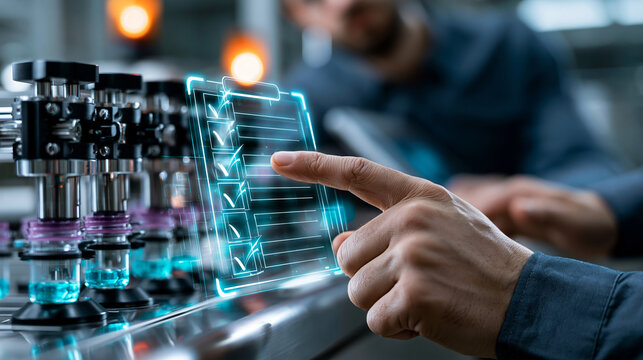 A hand touching a transparent digital checklist overlay in front of an automated pharmaceutical production line, approval and compliance concept, quality assurance, medicine manufacturing,