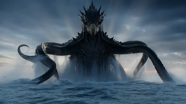 Majestic Kraken Sea Monster Emerging from Dark Stormy Ocean Waves Fantasy