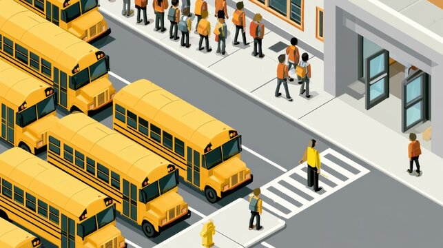 Yellow school buses are lined up as students walk on the sidewalk towards the entrance of the school building during morning drop-off time.