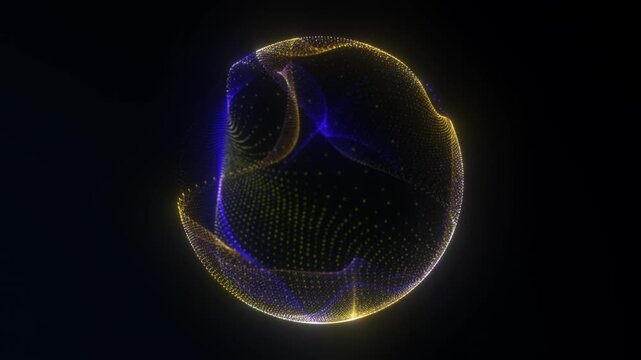 Blue and gold fluid transparent sphere shiny particles. Gold and blue digital sphere of liquid smoke. Bright luxury gradient liquid energy core. Liquid 3D sphere. Sphere glow, 4K 60fps loop.
