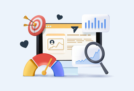 Seo analytics search data insight traffic trends performance metrics dashboard structure 3D vector illustration. Better ranking and strong seo optimization analytics workflow illustration