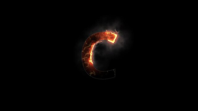 Letter C is on fire with alpha channel, fire letters and alphabet with transparent background, the letter is burning