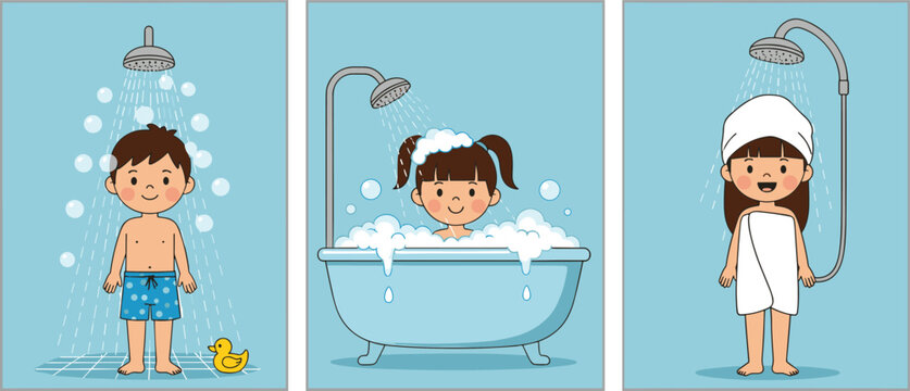 Cute Kids Bathing and Showering Set with Boy Taking Shower, Girl in Bubble Bath, and Child Wrapped in Towel Vector Illustration