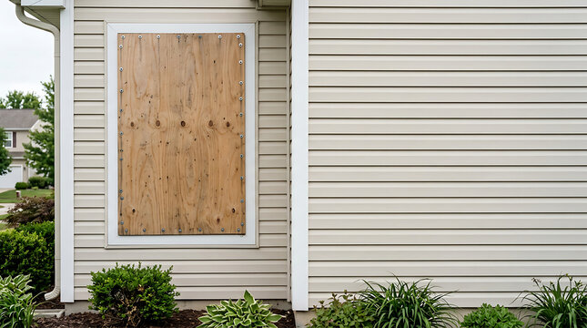 Window boarded up plywood severe&hellip; isolated on a clean white background
