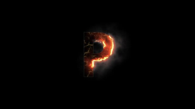 Letter P is on fire with alpha channel, fire letters and alphabet with transparent background, the letter is burning