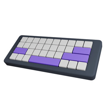 A 3D render of a modern keyboard with purple and white keys.